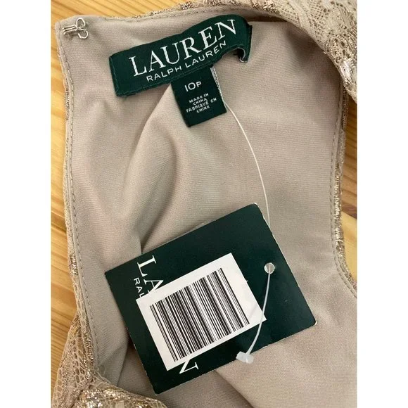 NWT Lauren Ralph Lauren 10P Gold Metallic Lace Sheath Cocktail Dress $170 - Picture 5 of 14